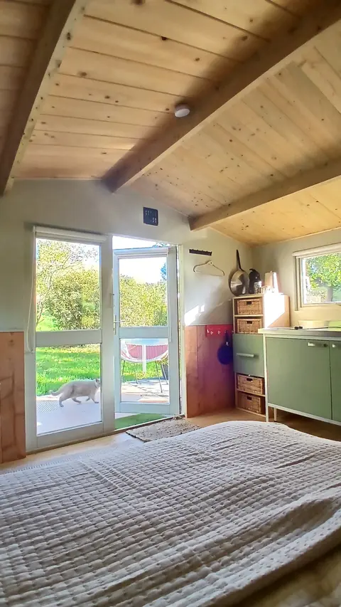 Bed en openslaande deuren van De Appel, met een kat die binnenkomt