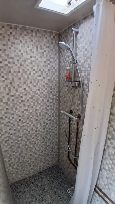 Douche met mozaïektegels en een dakraam in De Walnoot