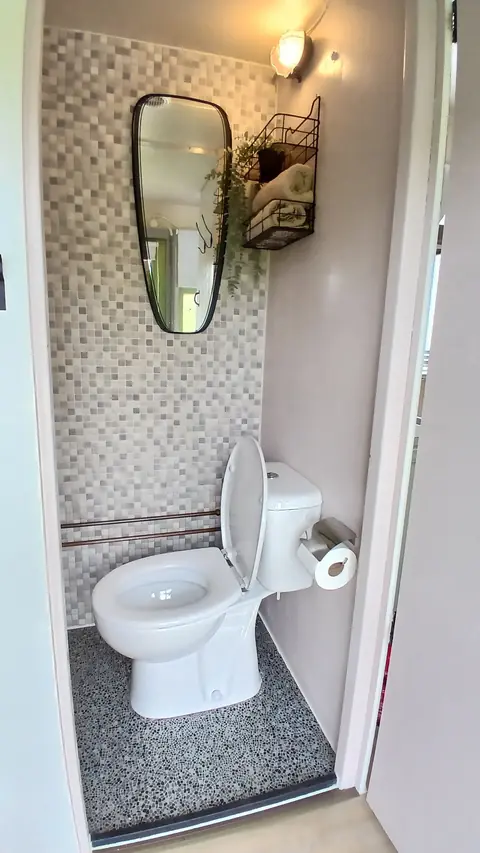 Toilet met mozaïektegels en een spiegel in De Walnoot